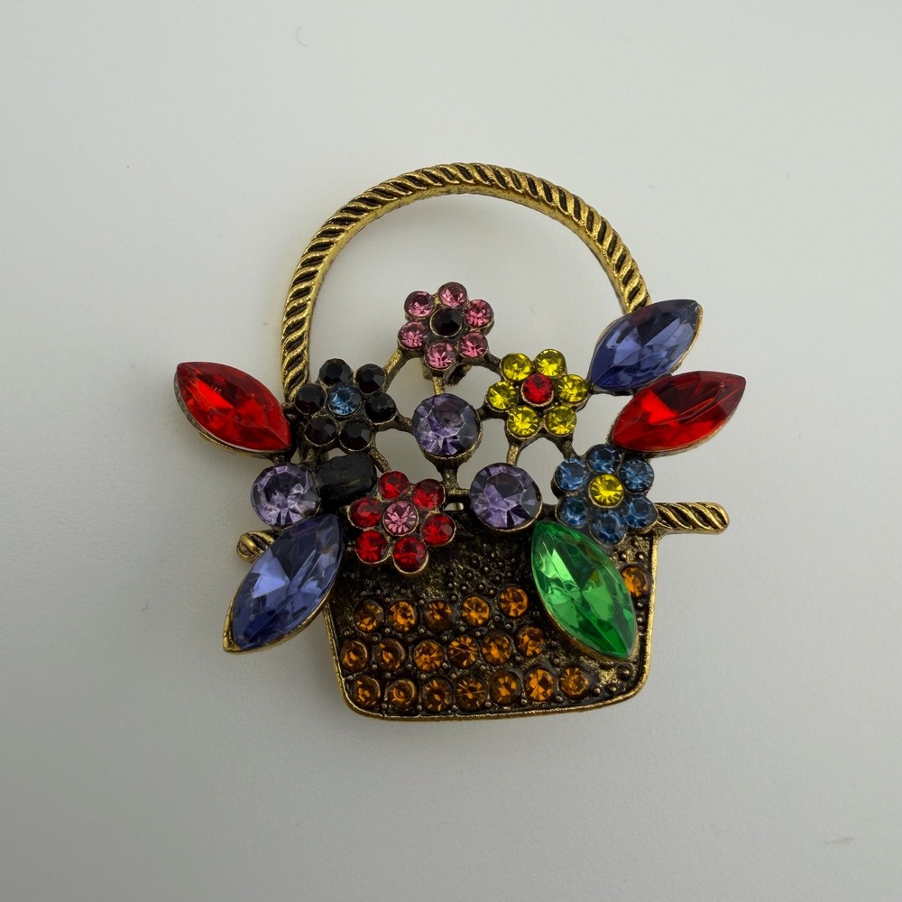 Multicolor Flower Basket Rhinestone Vintage Style Brooch